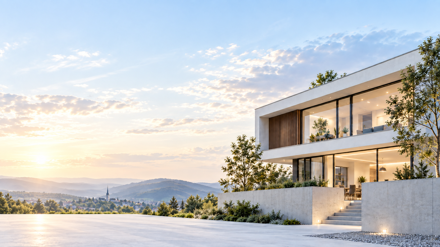 Architekturvisualisierung eines modernen Wohnhauses über einer grünen Hügellandschaft