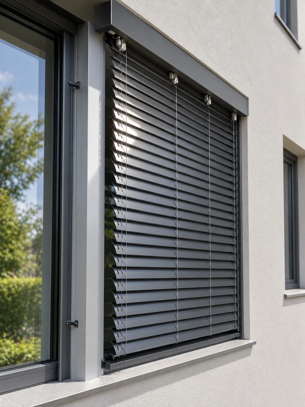 Außenraffstore vor heller Fassade – digital bearbeitete Ansicht